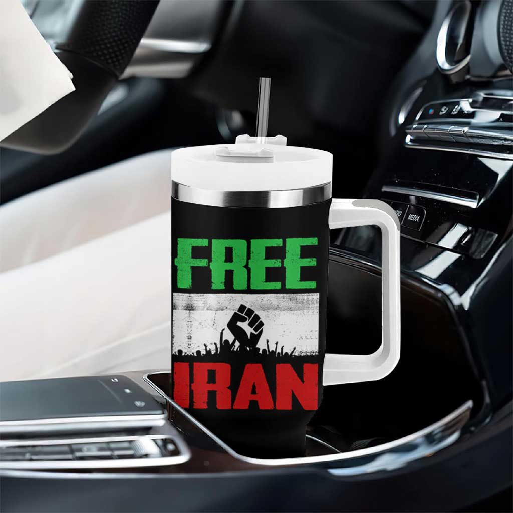 Free Iran Freedom Protest Tumbler With Handle Iranian Flag Raised Fist and Crowd Revolution