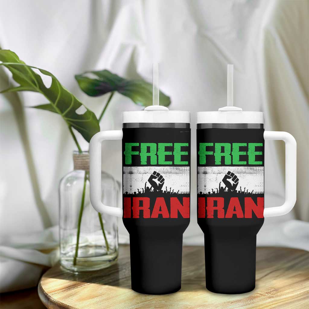 Free Iran Freedom Protest Tumbler With Handle Iranian Flag Raised Fist and Crowd Revolution