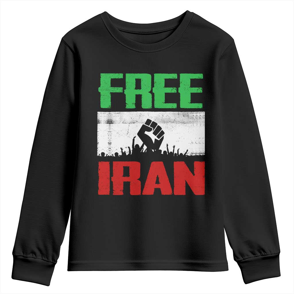 Free Iran Freedom Protest Youth Sweatshirt Iranian Flag Raised Fist and Crowd Revolution