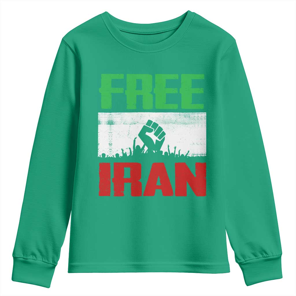 Free Iran Freedom Protest Youth Sweatshirt Iranian Flag Raised Fist and Crowd Revolution