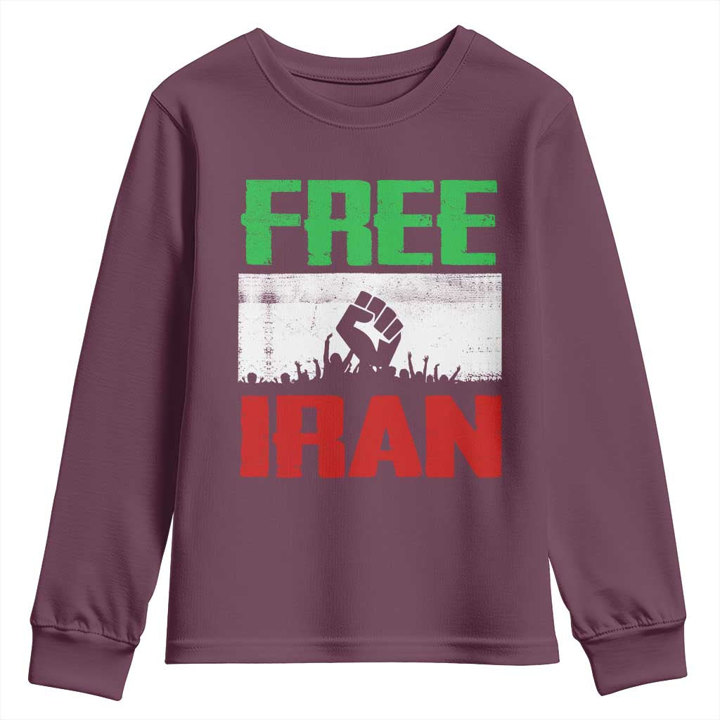 Free Iran Freedom Protest Youth Sweatshirt Iranian Flag Raised Fist and Crowd Revolution