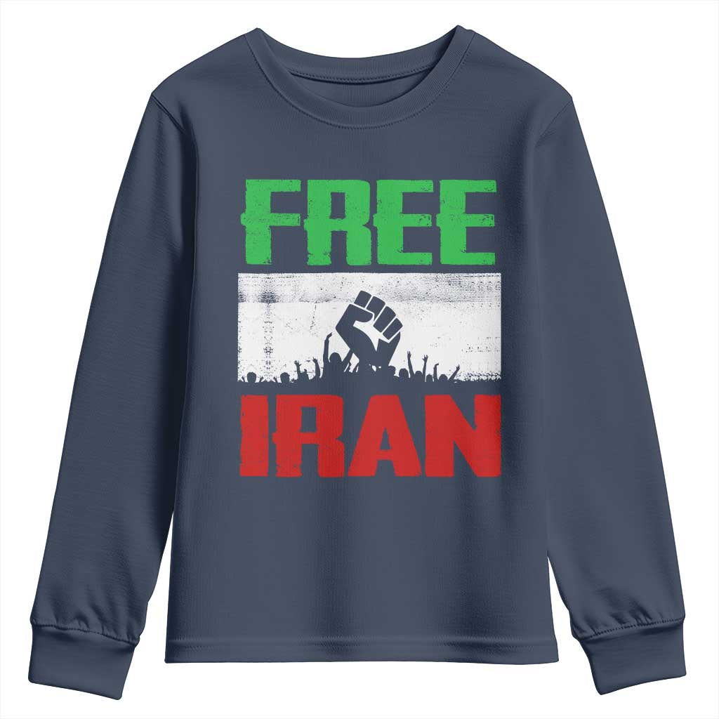 Free Iran Freedom Protest Youth Sweatshirt Iranian Flag Raised Fist and Crowd Revolution