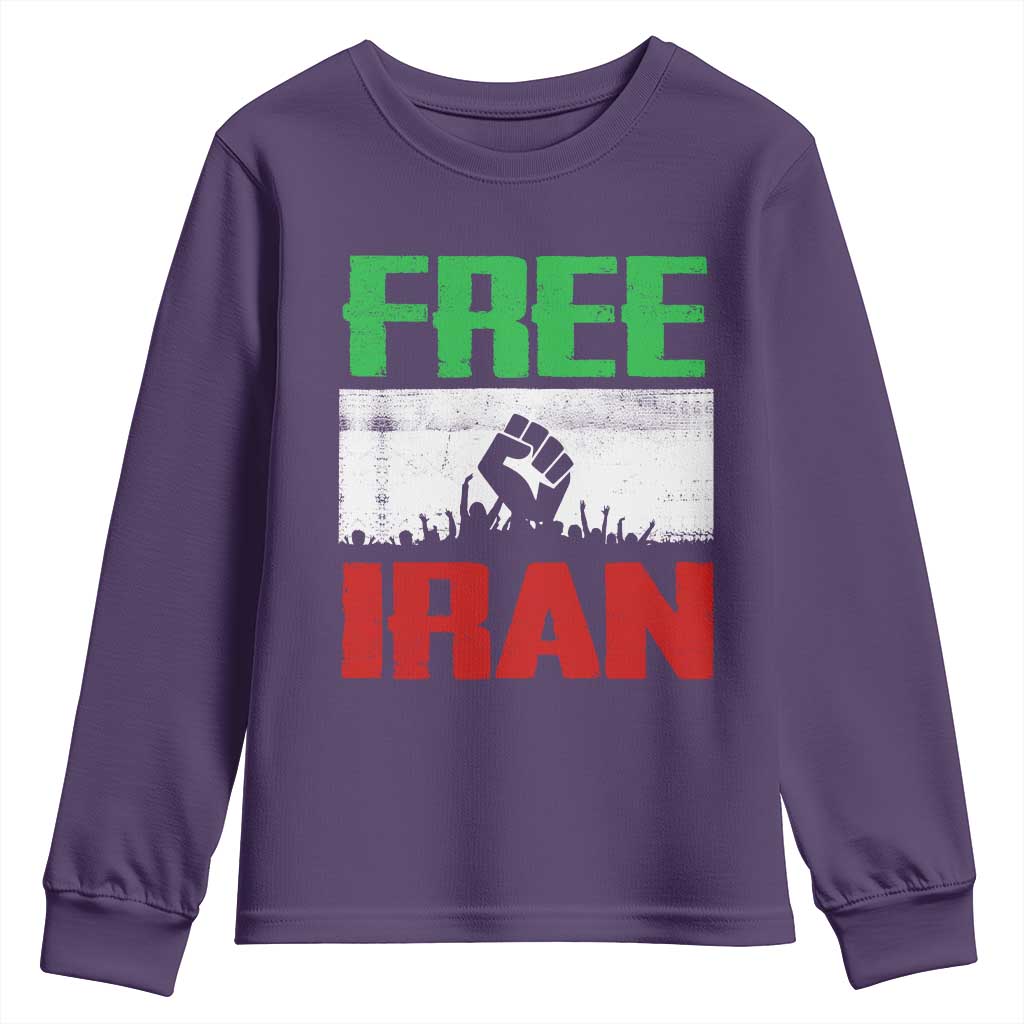 Free Iran Freedom Protest Youth Sweatshirt Iranian Flag Raised Fist and Crowd Revolution