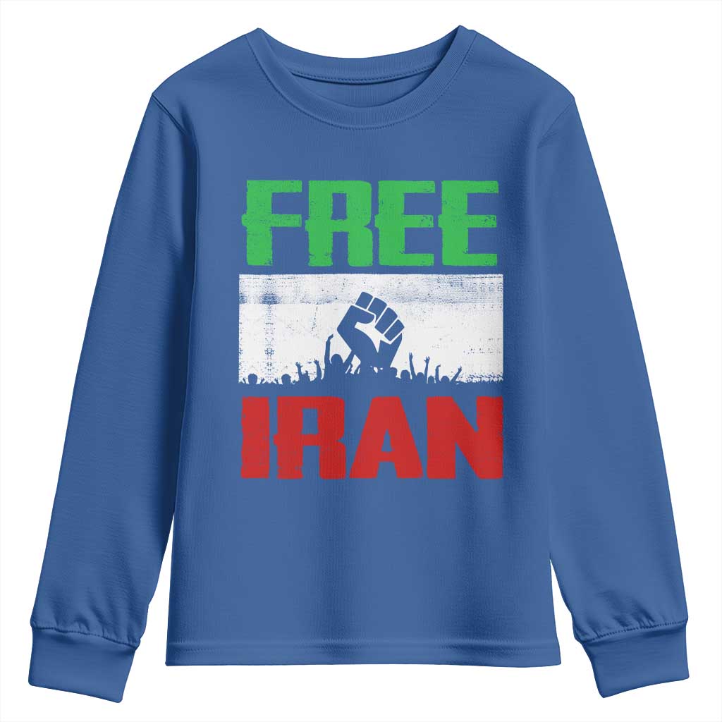 Free Iran Freedom Protest Youth Sweatshirt Iranian Flag Raised Fist and Crowd Revolution
