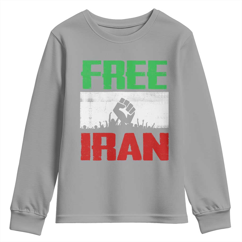 Free Iran Freedom Protest Youth Sweatshirt Iranian Flag Raised Fist and Crowd Revolution