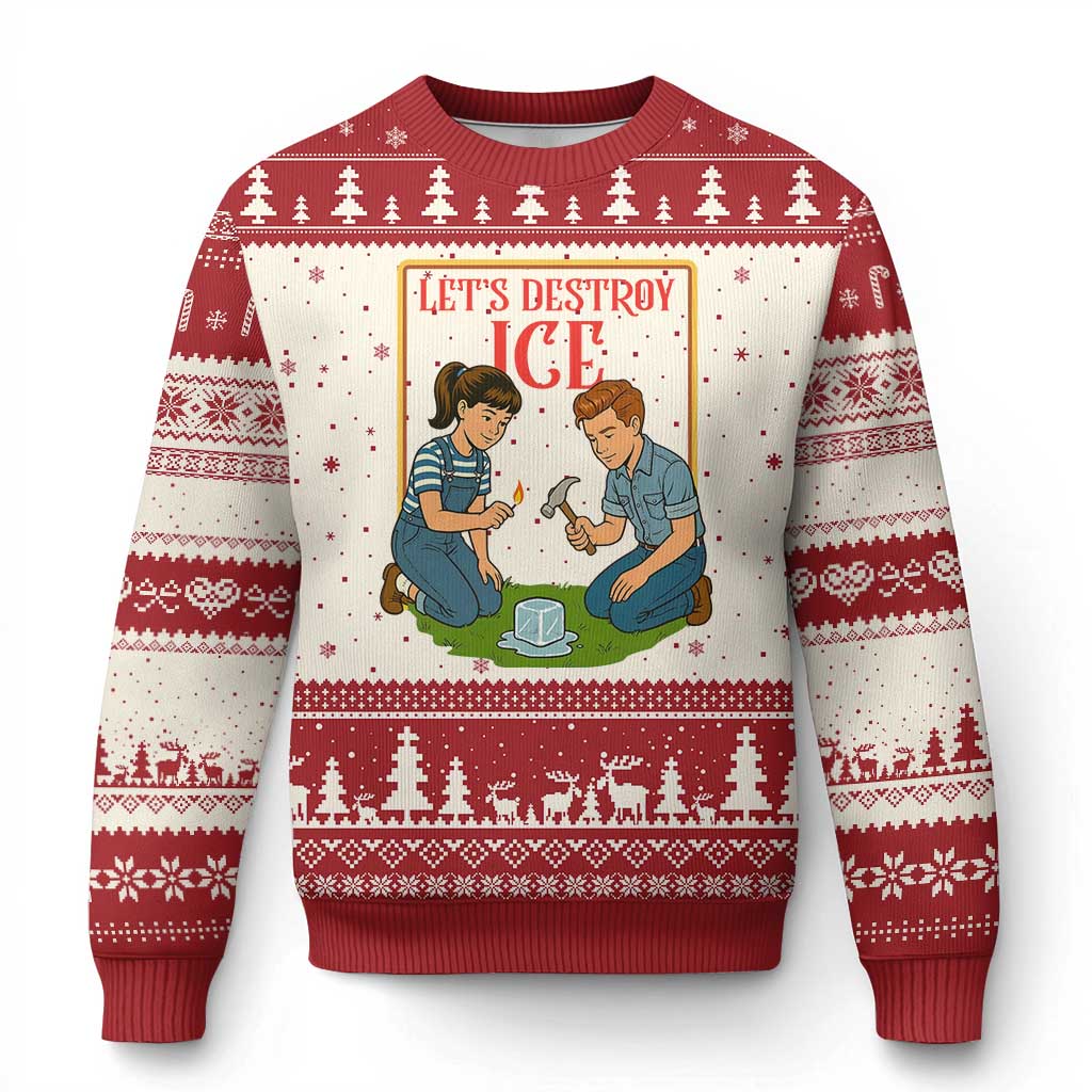 Let’s Destroy ICE Ugly Christmas Sweater Retro Parody Protest with Satirical Childhood Graphic