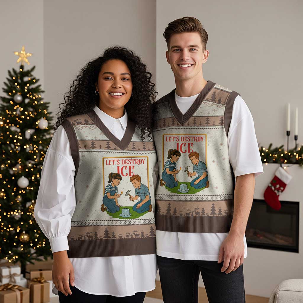 Let’s Destroy ICE V-Neck Knit Sweater Vest Retro Parody Protest with Satirical Childhood Graphic