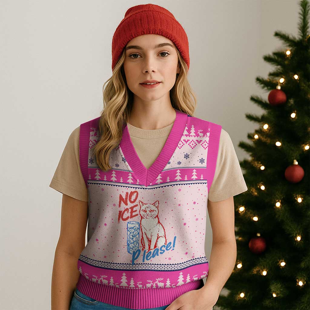 No Ice Please Angry Cat Graphic V-Neck Knit Sweater Vest Subtle Against Ice Protest Political Resistance