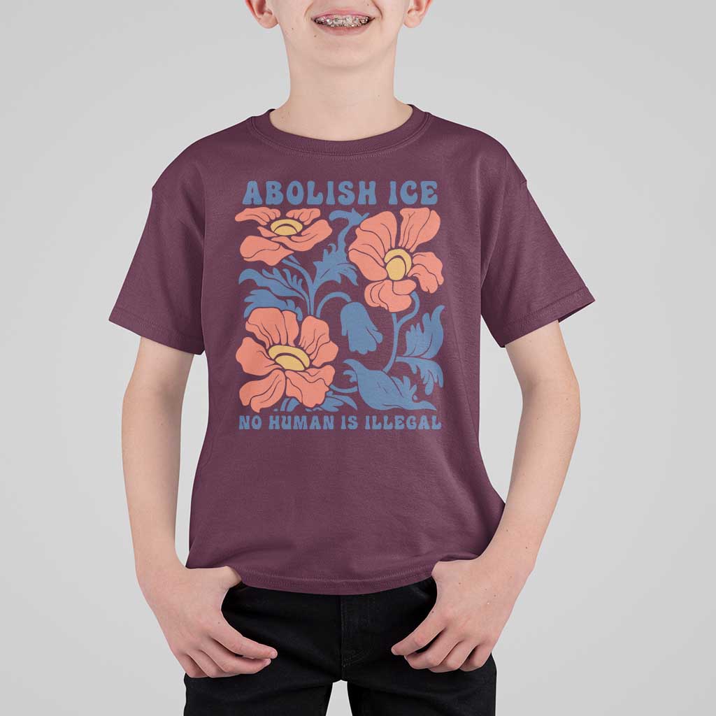 Retro Floral Protest Abolish Ice T Shirt For Kid No Human is Illegal Peaceful Pro-Immigrant
