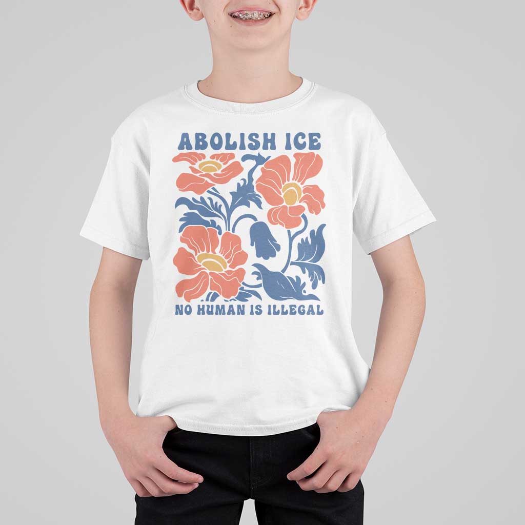 Retro Floral Protest Abolish Ice T Shirt For Kid No Human is Illegal Peaceful Pro-Immigrant
