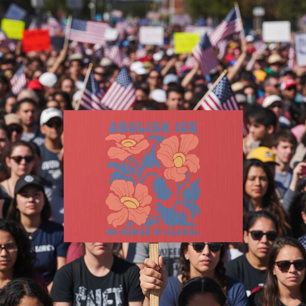 Retro Floral Protest Abolish Ice Protest Sign No Human is Illegal Peaceful Pro-Immigrant