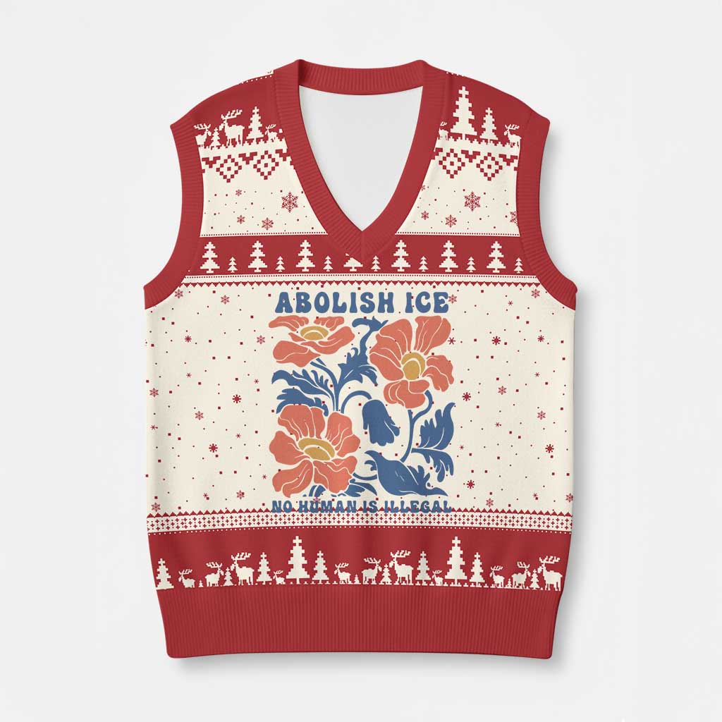 Retro Floral Protest Abolish Ice V-Neck Knit Sweater Vest No Human is Illegal Peaceful Pro-Immigrant