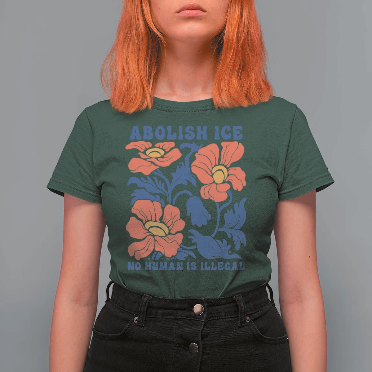 Retro Floral Protest Abolish Ice T Shirt For Women No Human is Illegal Peaceful Pro-Immigrant