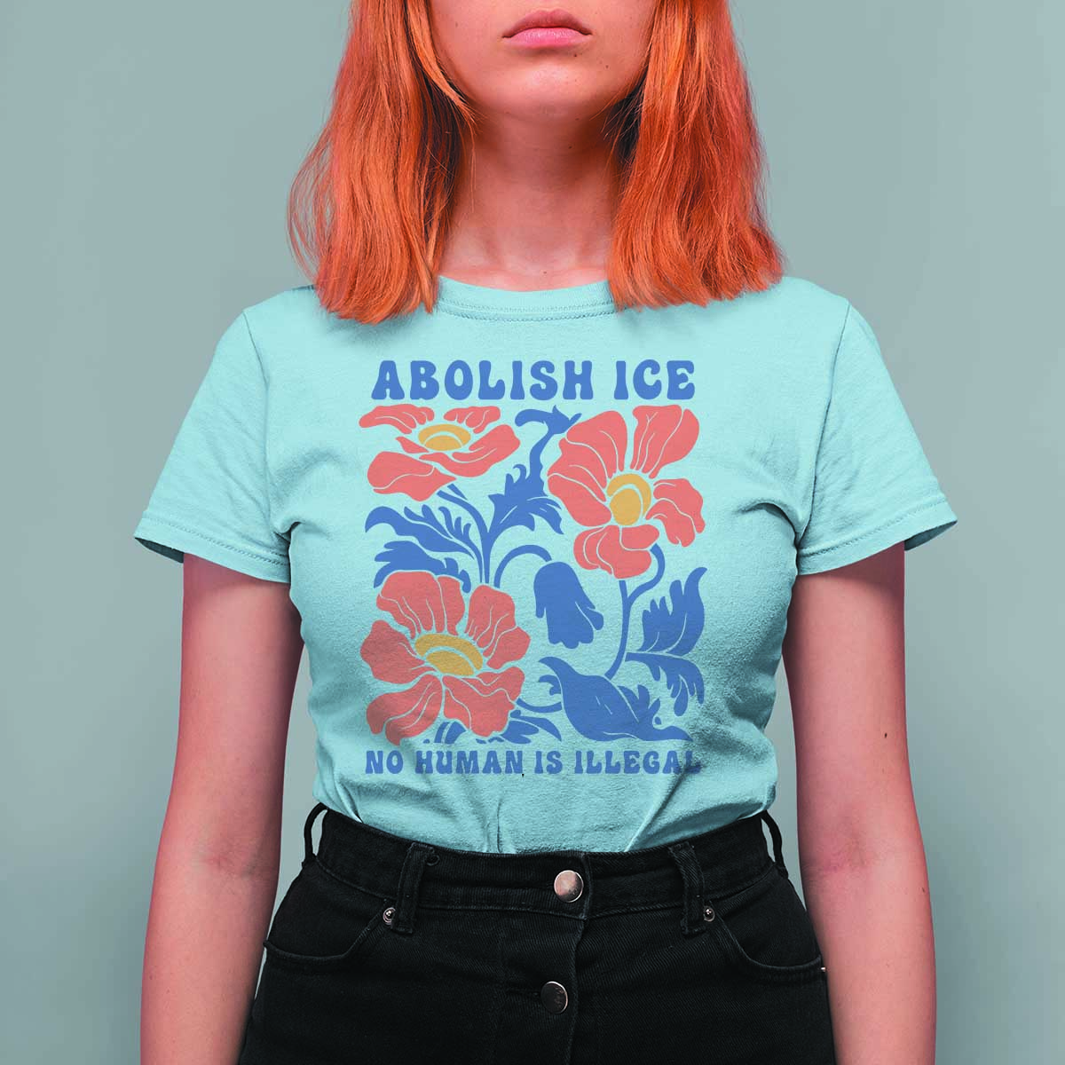 Retro Floral Protest Abolish Ice T Shirt For Women No Human is Illegal Peaceful Pro-Immigrant