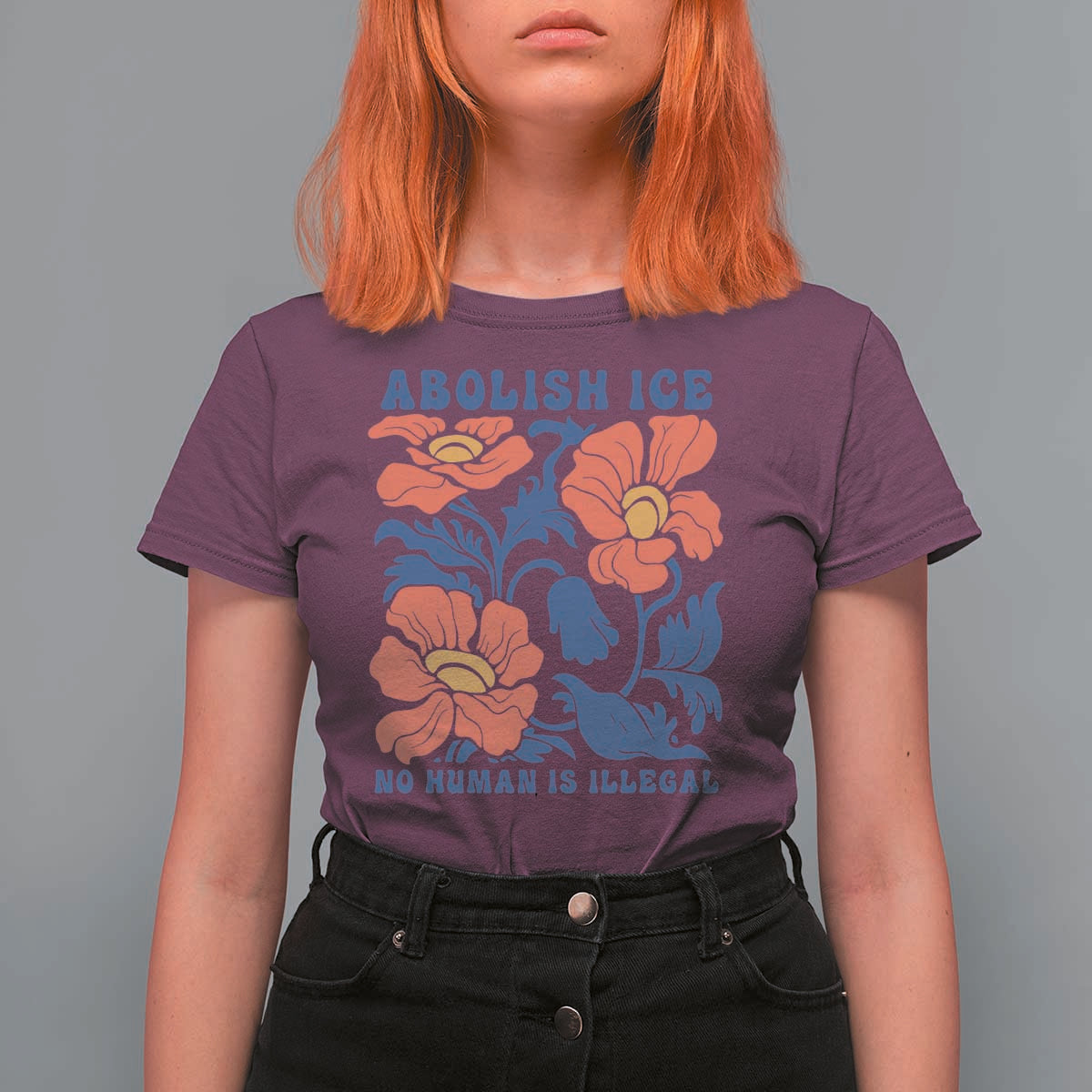 Retro Floral Protest Abolish Ice T Shirt For Women No Human is Illegal Peaceful Pro-Immigrant