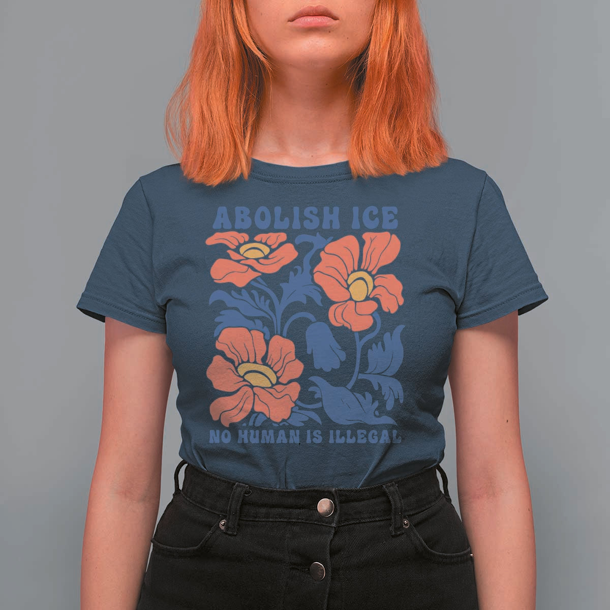 Retro Floral Protest Abolish Ice T Shirt For Women No Human is Illegal Peaceful Pro-Immigrant