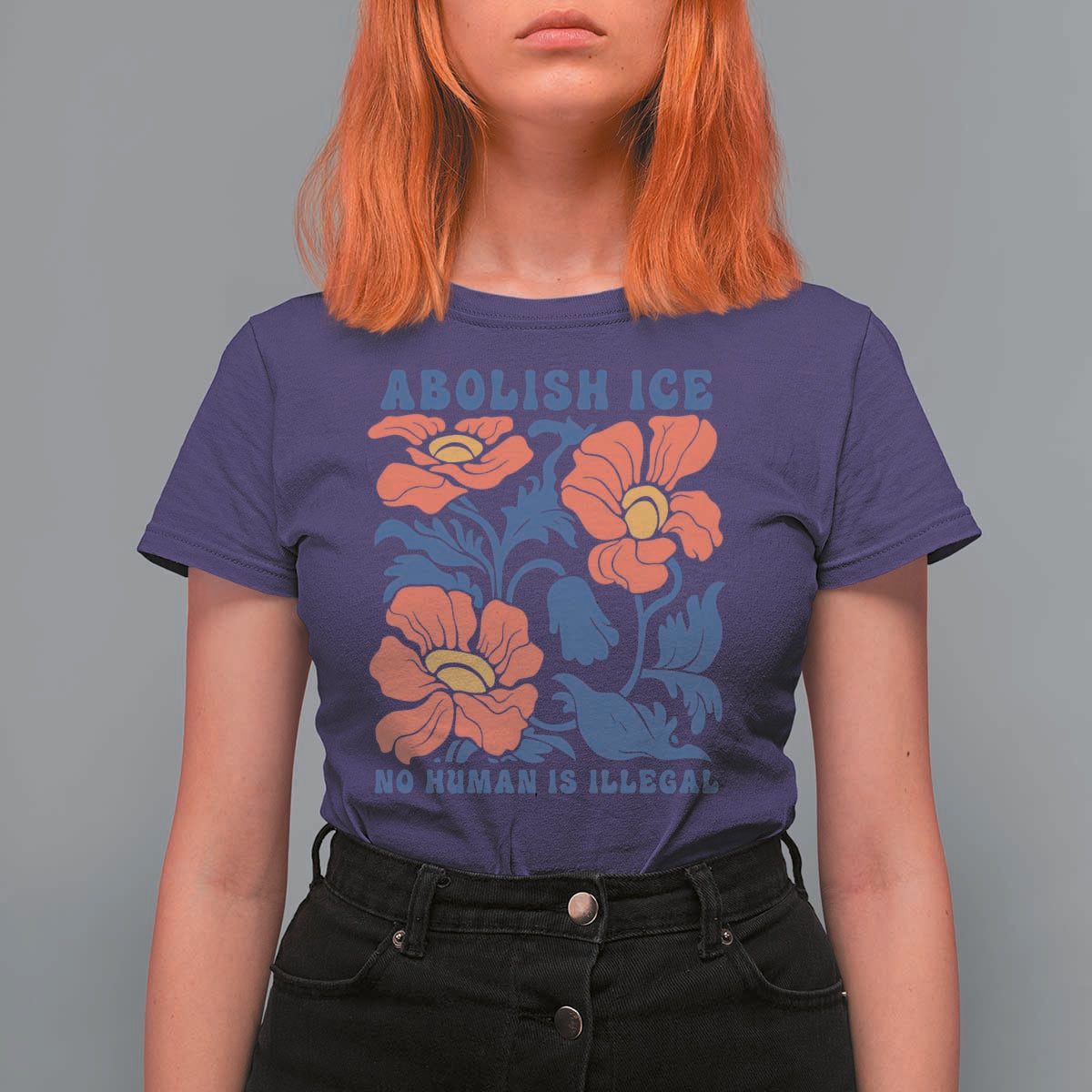 Retro Floral Protest Abolish Ice T Shirt For Women No Human is Illegal Peaceful Pro-Immigrant