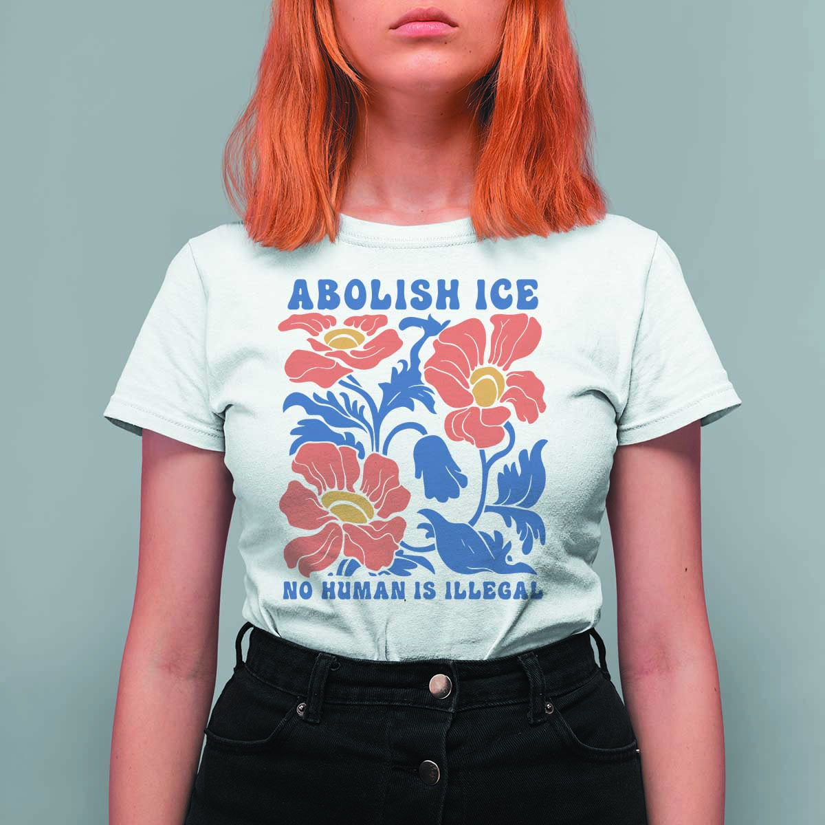 Retro Floral Protest Abolish Ice T Shirt For Women No Human is Illegal Peaceful Pro-Immigrant