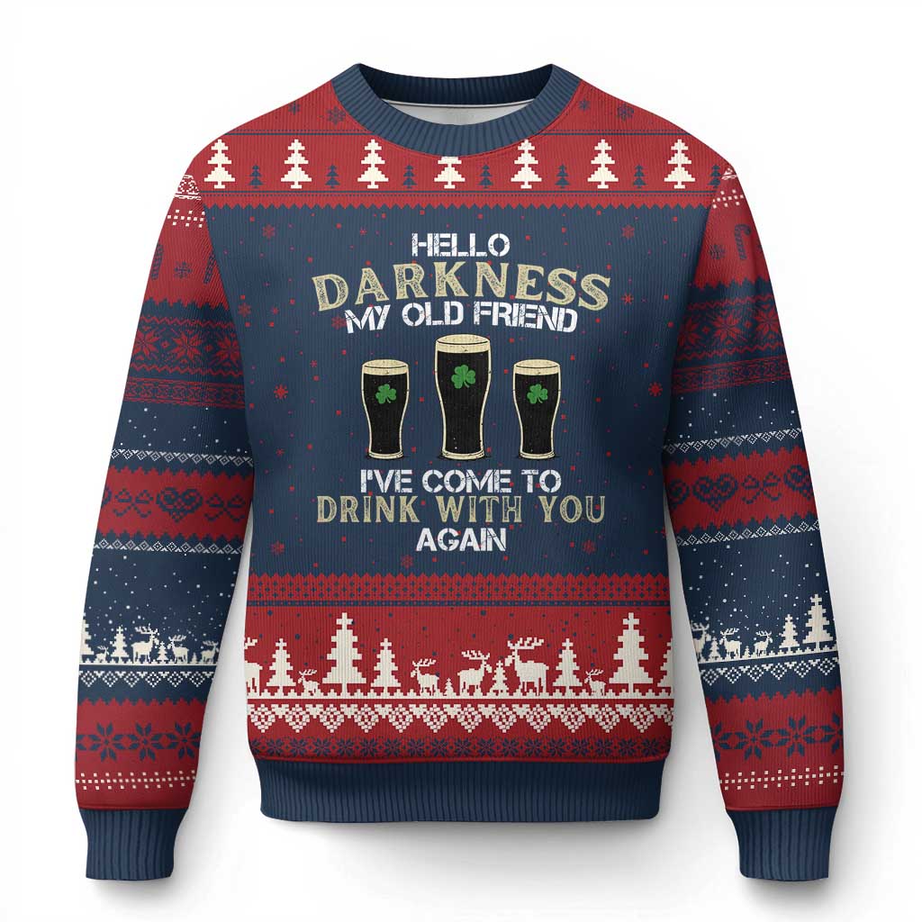 Hello Darkness My Old Friend Funny Irish Stout Beer Ugly Christmas Sweater St. Patrick’s Day Drinking Humor Craft Brew Lovers
