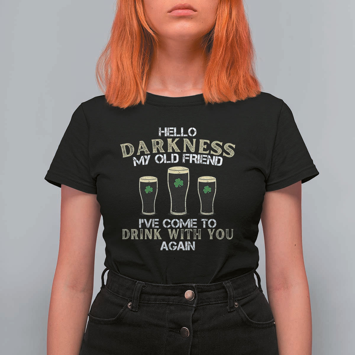 Hello Darkness My Old Friend Funny Irish Stout Beer T Shirt For Women St. Patrick’s Day Drinking Humor Craft Brew Lovers