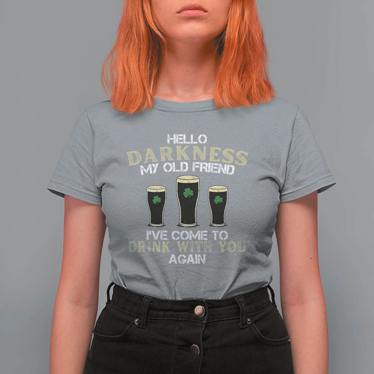 Hello Darkness My Old Friend Funny Irish Stout Beer T Shirt For Women St. Patrick’s Day Drinking Humor Craft Brew Lovers