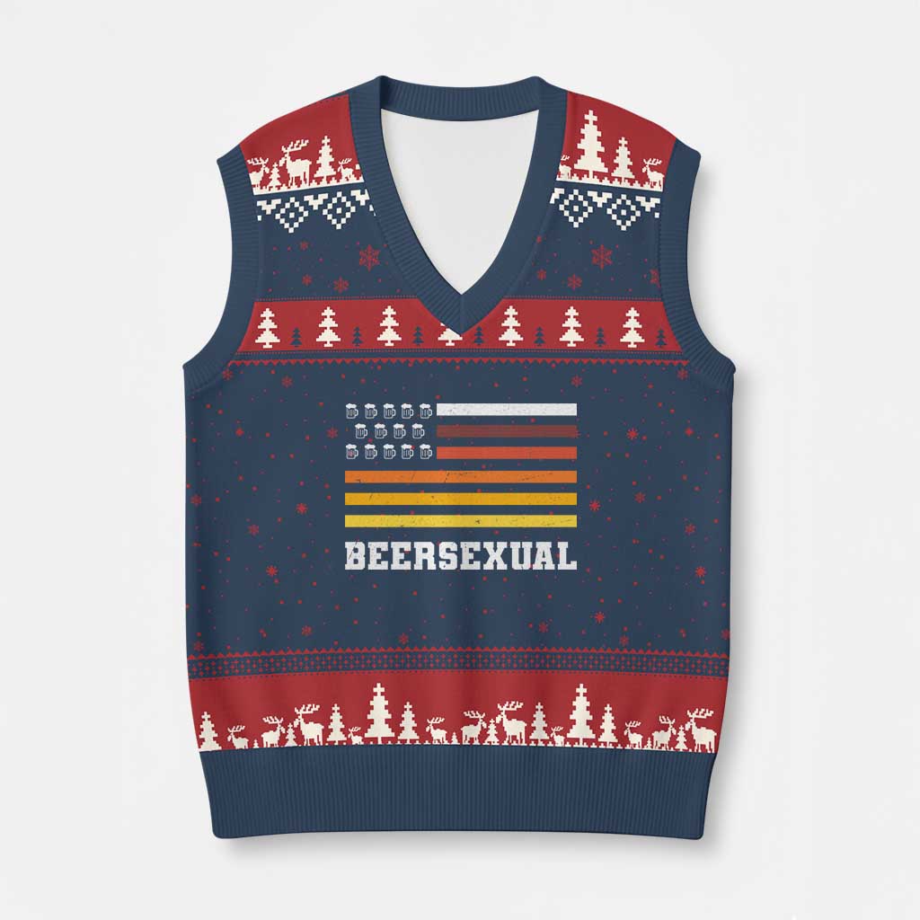 Beersexual Funny Beer Lover Graphic V-Neck Knit Sweater Vest Vintage American Flag Parody