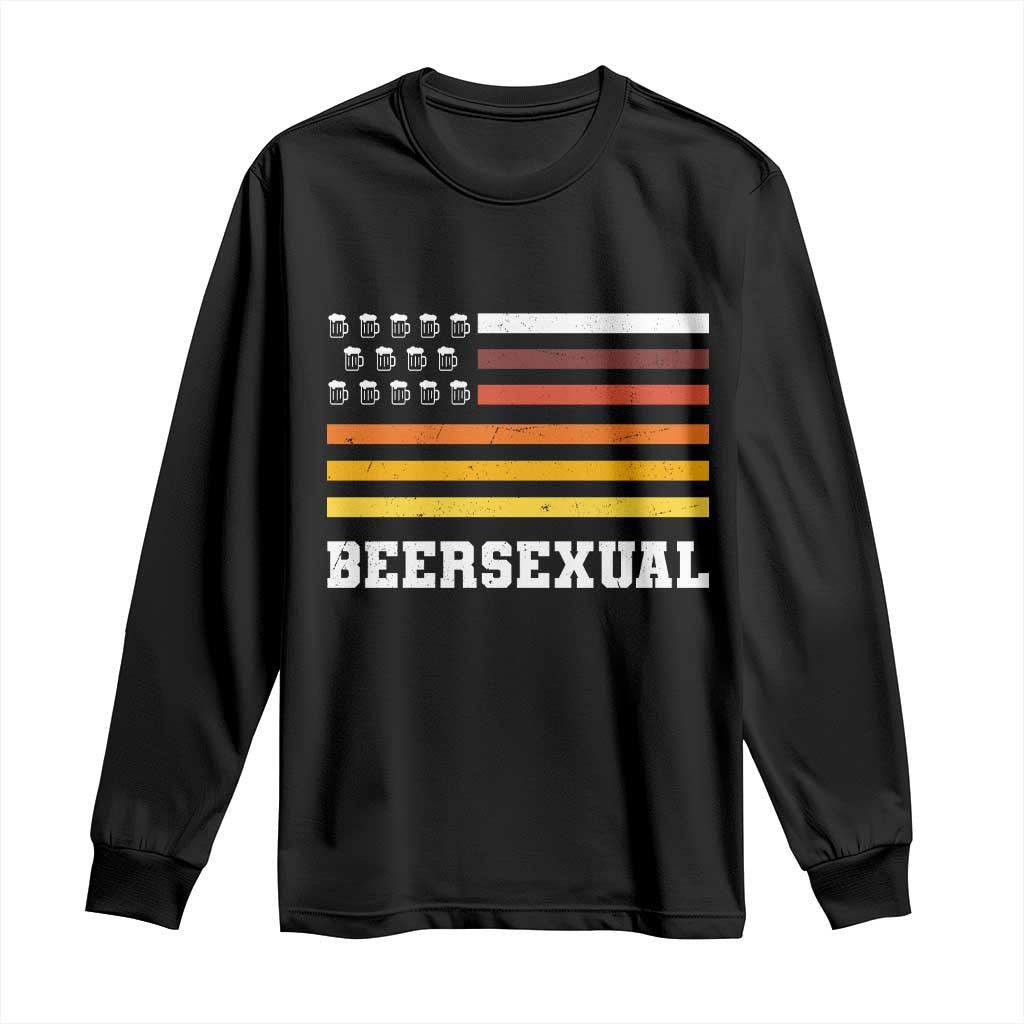 Beersexual Funny Beer Lover Graphic Long Sleeve Shirt Vintage American Flag Parody