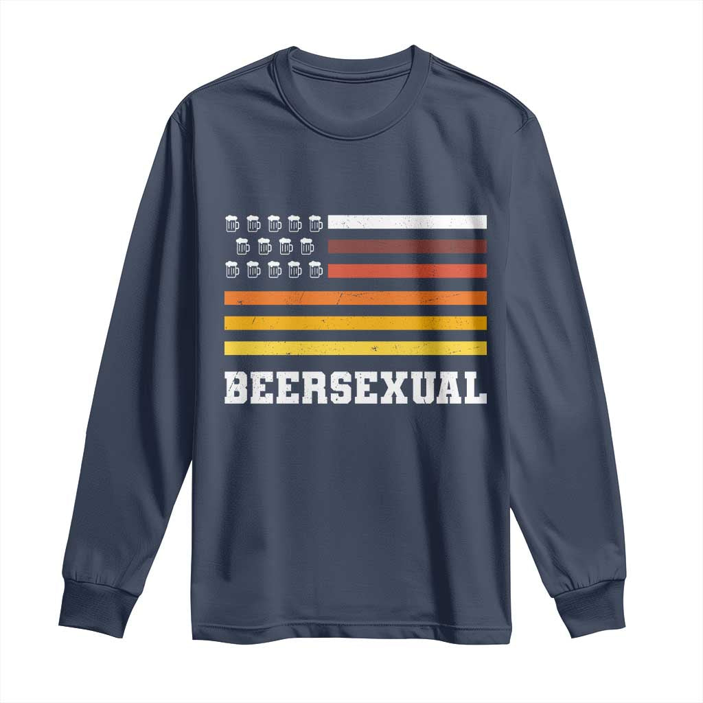 Beersexual Funny Beer Lover Graphic Long Sleeve Shirt Vintage American Flag Parody