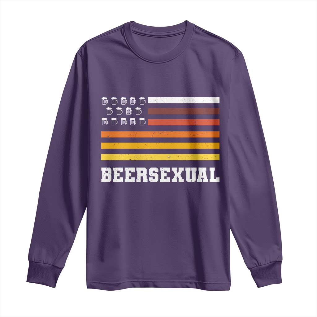 Beersexual Funny Beer Lover Graphic Long Sleeve Shirt Vintage American Flag Parody