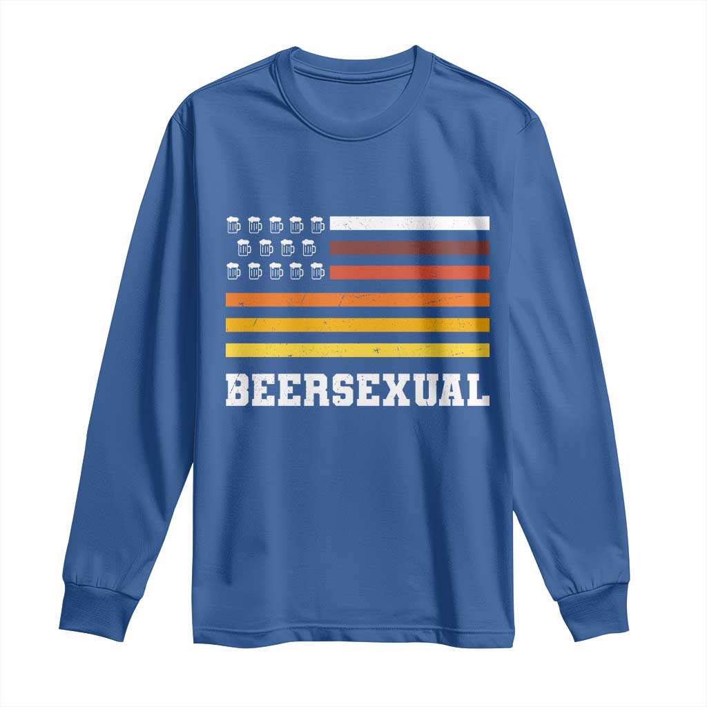 Beersexual Funny Beer Lover Graphic Long Sleeve Shirt Vintage American Flag Parody