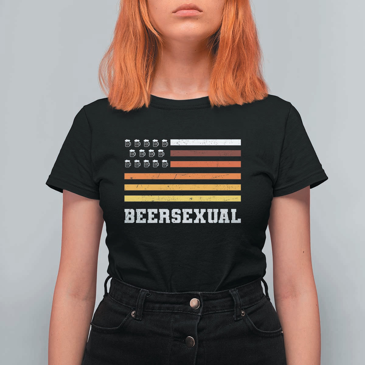 Beersexual Funny Beer Lover Graphic T Shirt For Women Vintage American Flag Parody