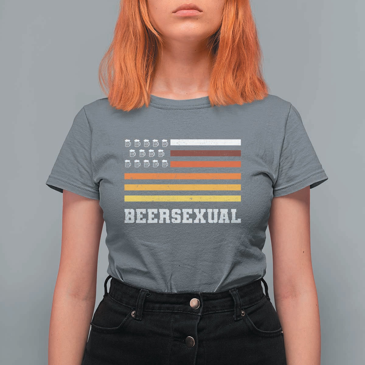 Beersexual Funny Beer Lover Graphic T Shirt For Women Vintage American Flag Parody