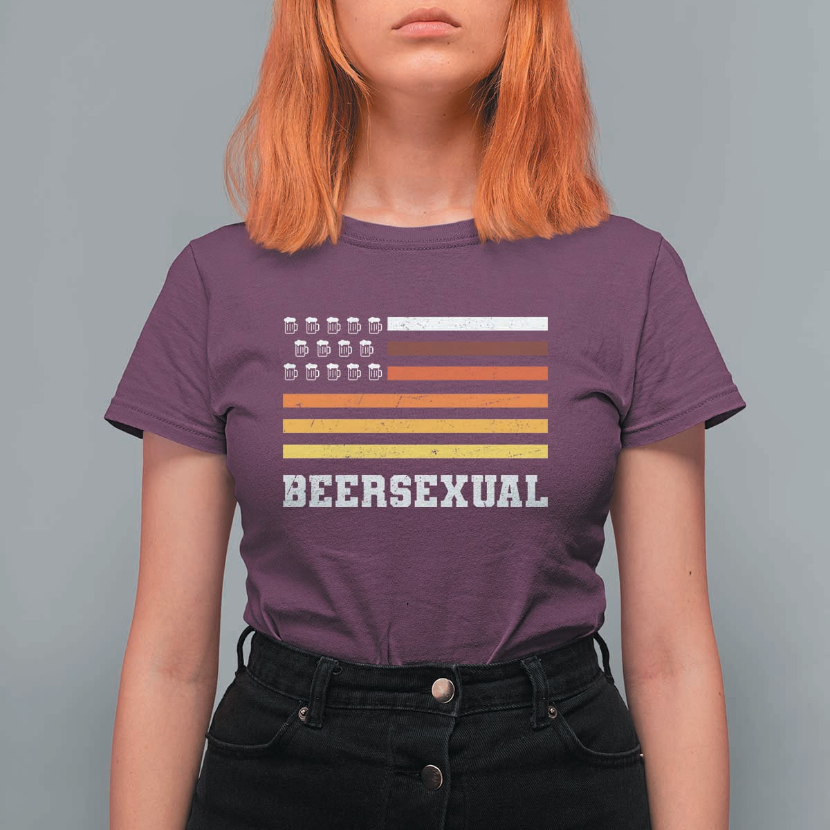 Beersexual Funny Beer Lover Graphic T Shirt For Women Vintage American Flag Parody