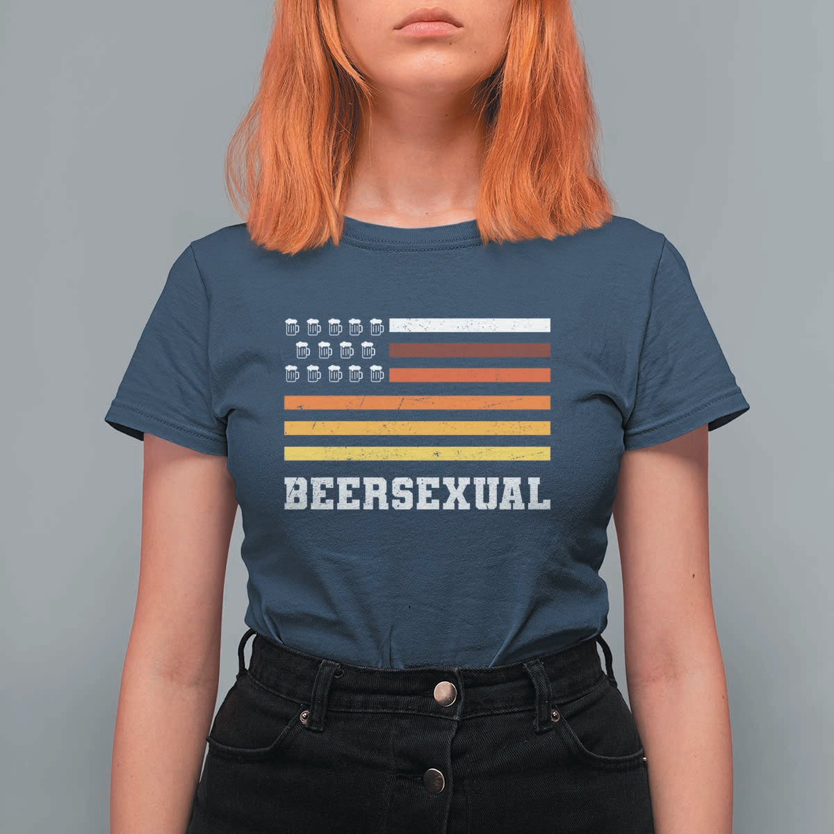 Beersexual Funny Beer Lover Graphic T Shirt For Women Vintage American Flag Parody