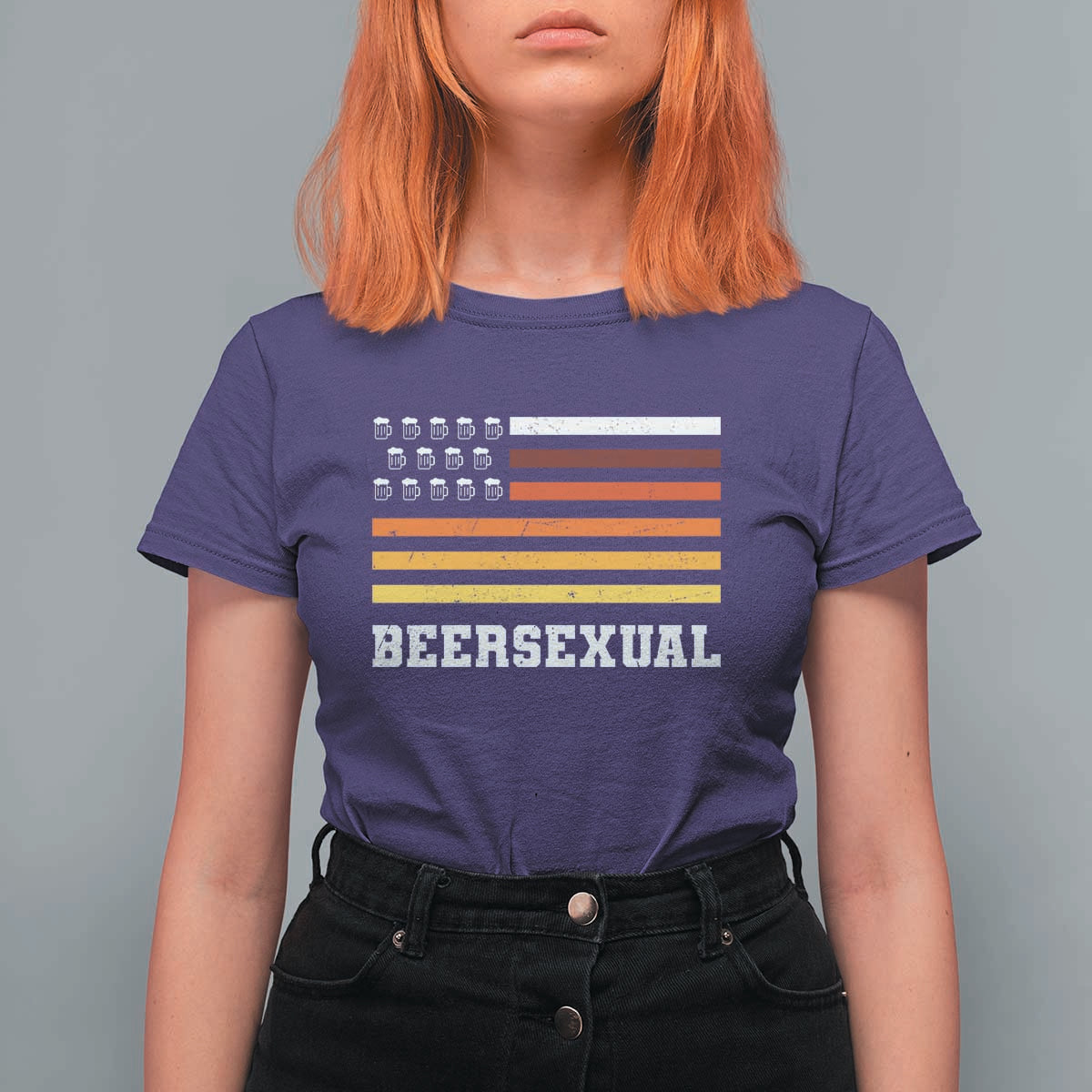Beersexual Funny Beer Lover Graphic T Shirt For Women Vintage American Flag Parody