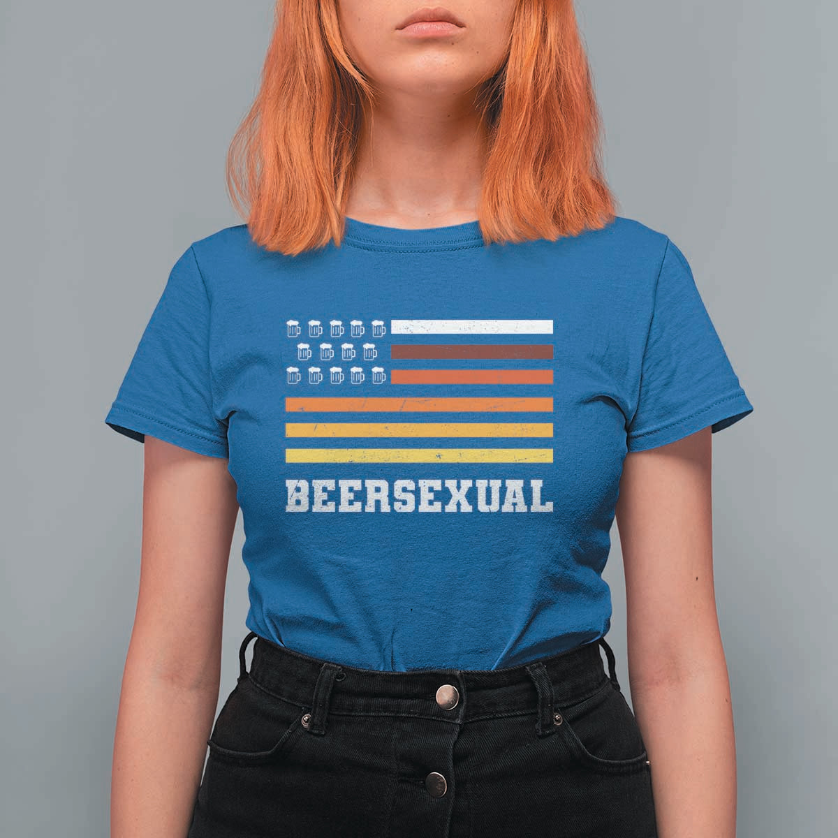 Beersexual Funny Beer Lover Graphic T Shirt For Women Vintage American Flag Parody