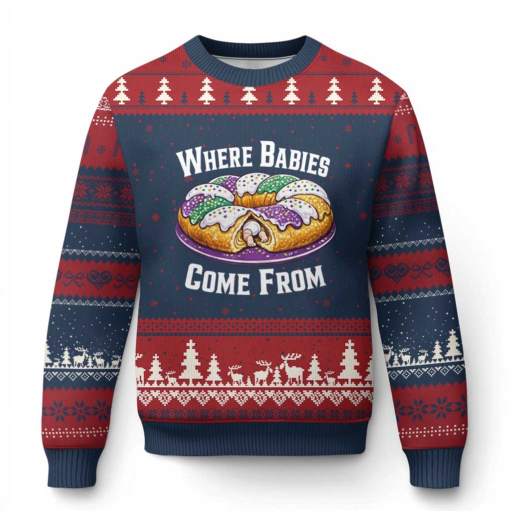 Funny Mardi Gras King Cake Ugly Christmas Sweater Where Babies Come From Louisiana Humor