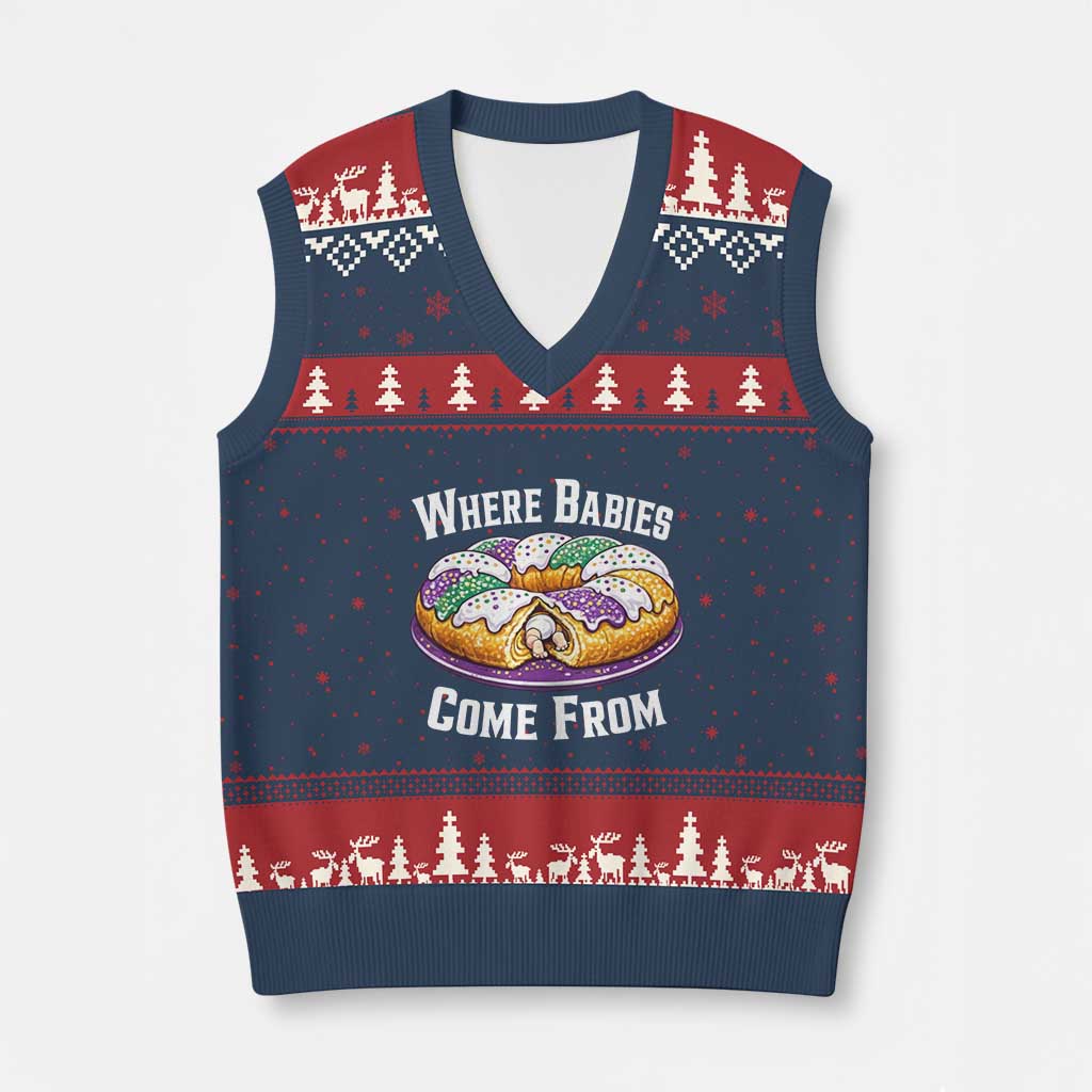 Funny Mardi Gras King Cake V-Neck Knit Sweater Vest Where Babies Come From Louisiana Humor