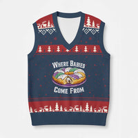 Funny Mardi Gras King Cake V-Neck Knit Sweater Vest Where Babies Come From Louisiana Humor