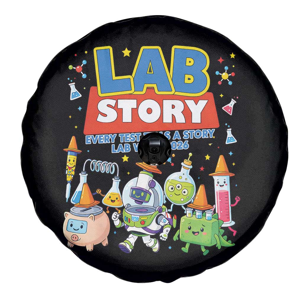 Lab Story Every Test Tells a Story Lab Week 2026 Spare Tire Cover Science Characters Lab Techs Medical Laboratory