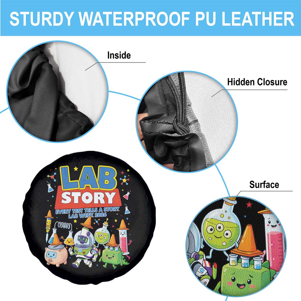 Lab Story Every Test Tells a Story Lab Week 2026 Spare Tire Cover Science Characters Lab Techs Medical Laboratory
