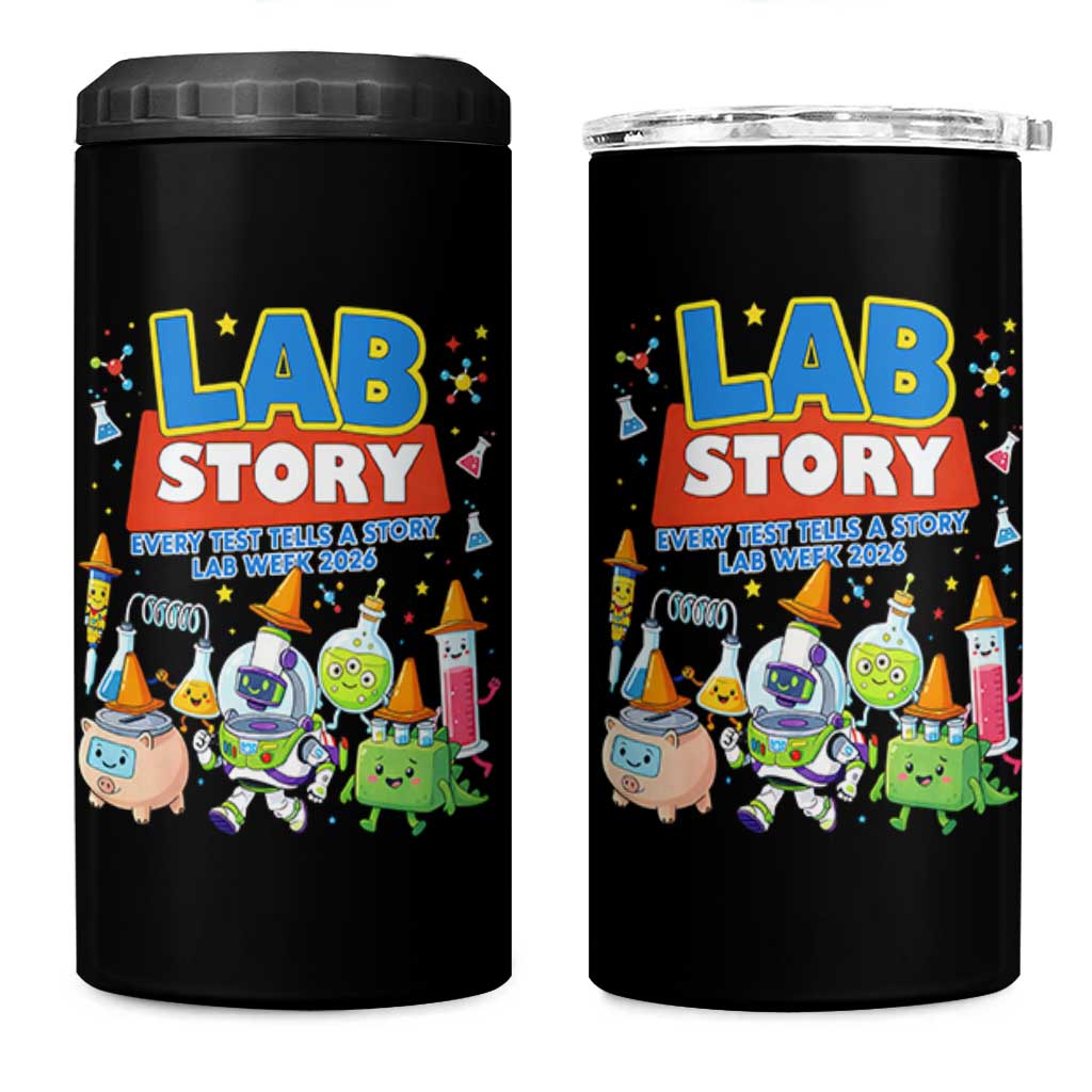 Lab Story Every Test Tells a Story Lab Week 2026 4 in 1 Can Cooler Tumbler Science Characters Lab Techs Medical Laboratory