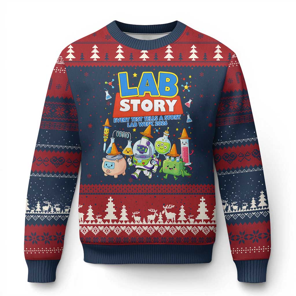 Lab Story Every Test Tells a Story Lab Week 2026 Ugly Christmas Sweater Science Characters Lab Techs Medical Laboratory