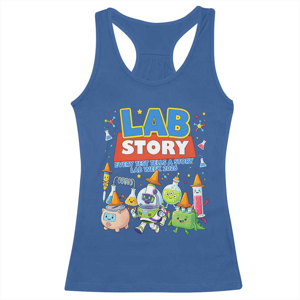 Lab Story Every Test Tells a Story Lab Week 2026 Racerback Tank Top Science Characters Lab Techs Medical Laboratory
