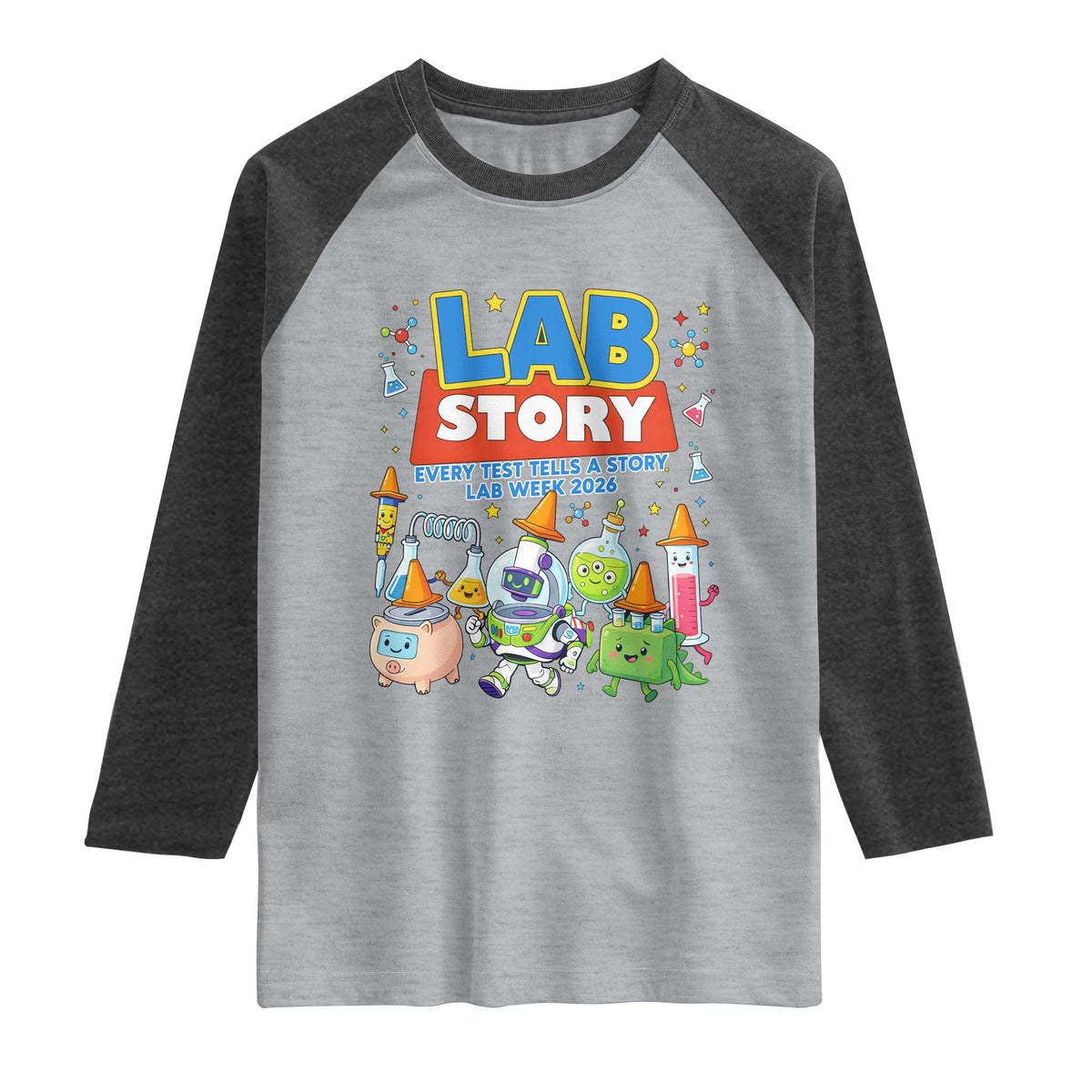 Lab Story Every Test Tells a Story Lab Week 2026 Raglan Shirt Science Characters Lab Techs Medical Laboratory