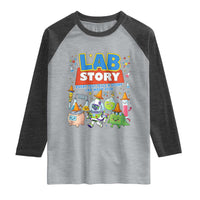 Lab Story Every Test Tells a Story Lab Week 2026 Raglan Shirt Science Characters Lab Techs Medical Laboratory