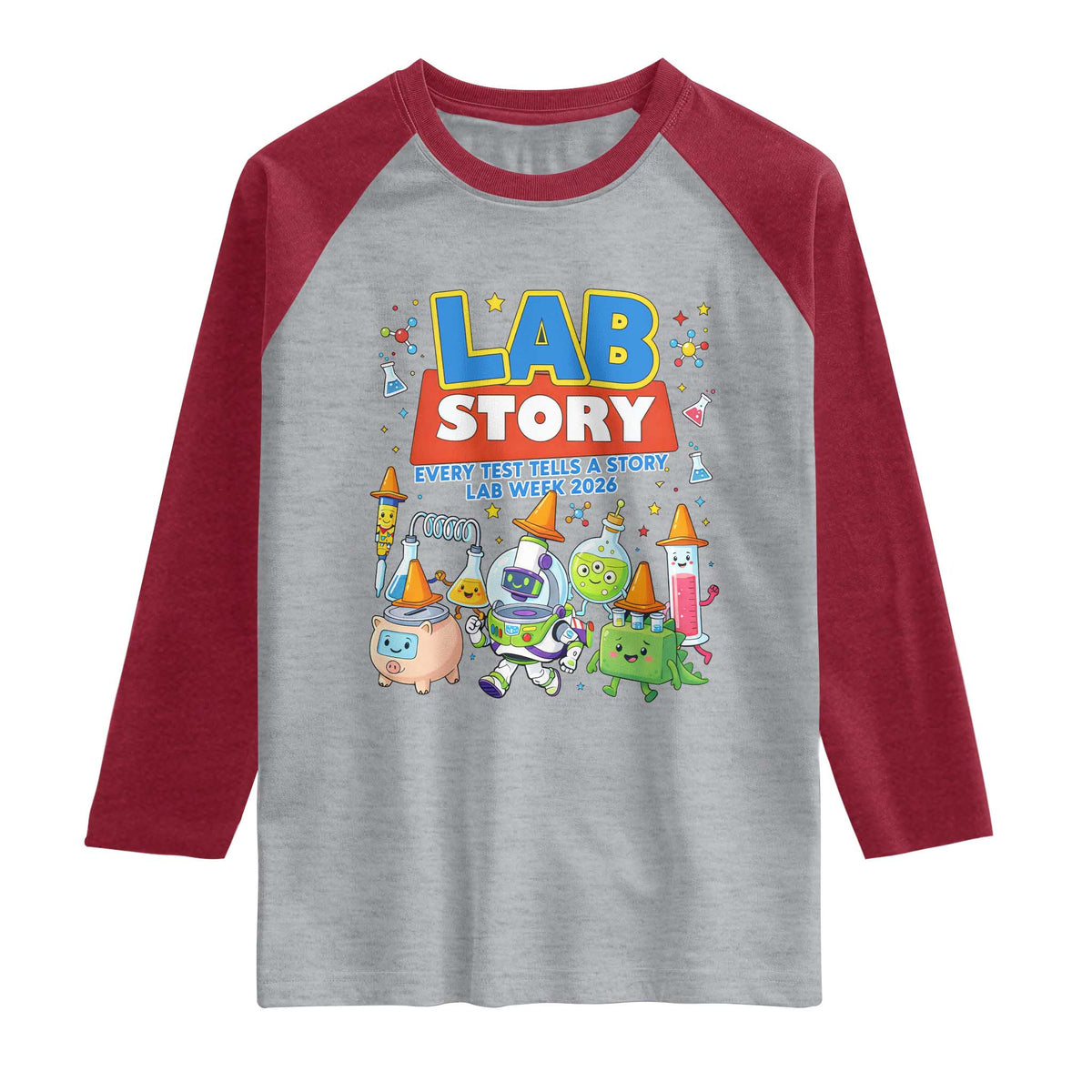 Lab Story Every Test Tells a Story Lab Week 2026 Raglan Shirt Science Characters Lab Techs Medical Laboratory