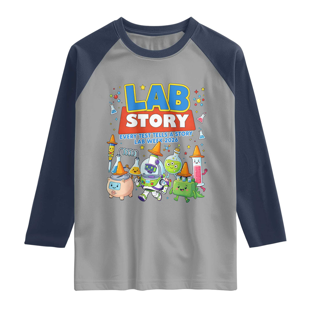 Lab Story Every Test Tells a Story Lab Week 2026 Raglan Shirt Science Characters Lab Techs Medical Laboratory