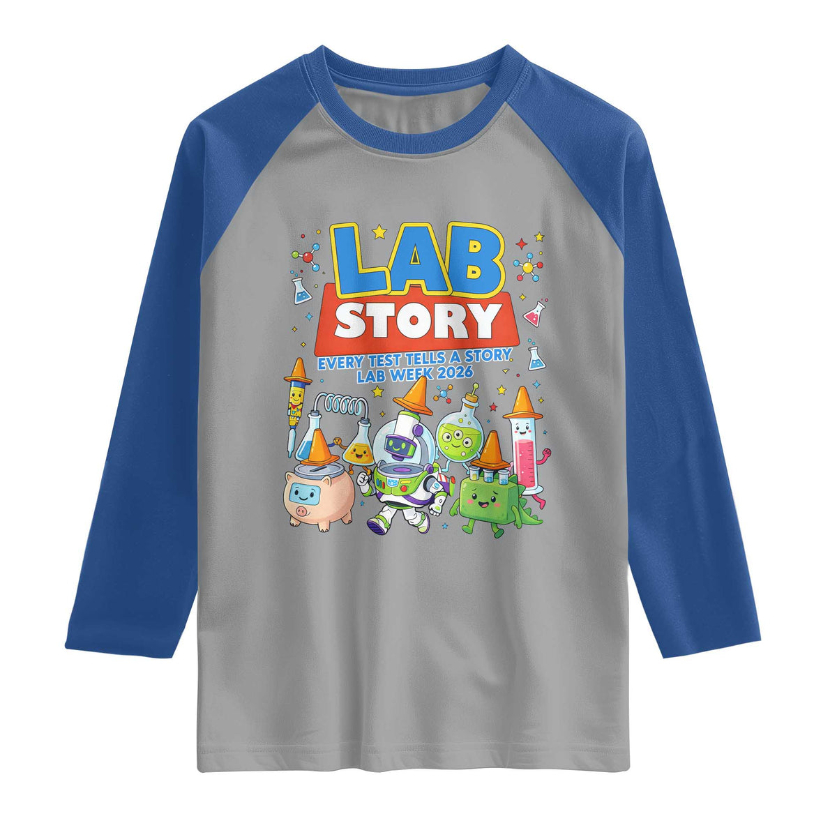 Lab Story Every Test Tells a Story Lab Week 2026 Raglan Shirt Science Characters Lab Techs Medical Laboratory