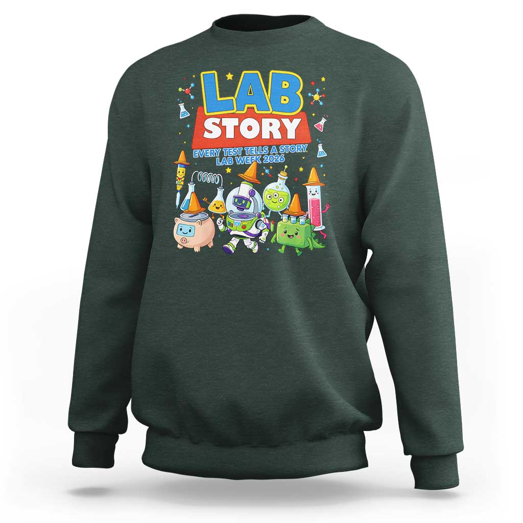 Lab Story Every Test Tells a Story Lab Week 2026 Sweatshirt Science Characters Lab Techs Medical Laboratory